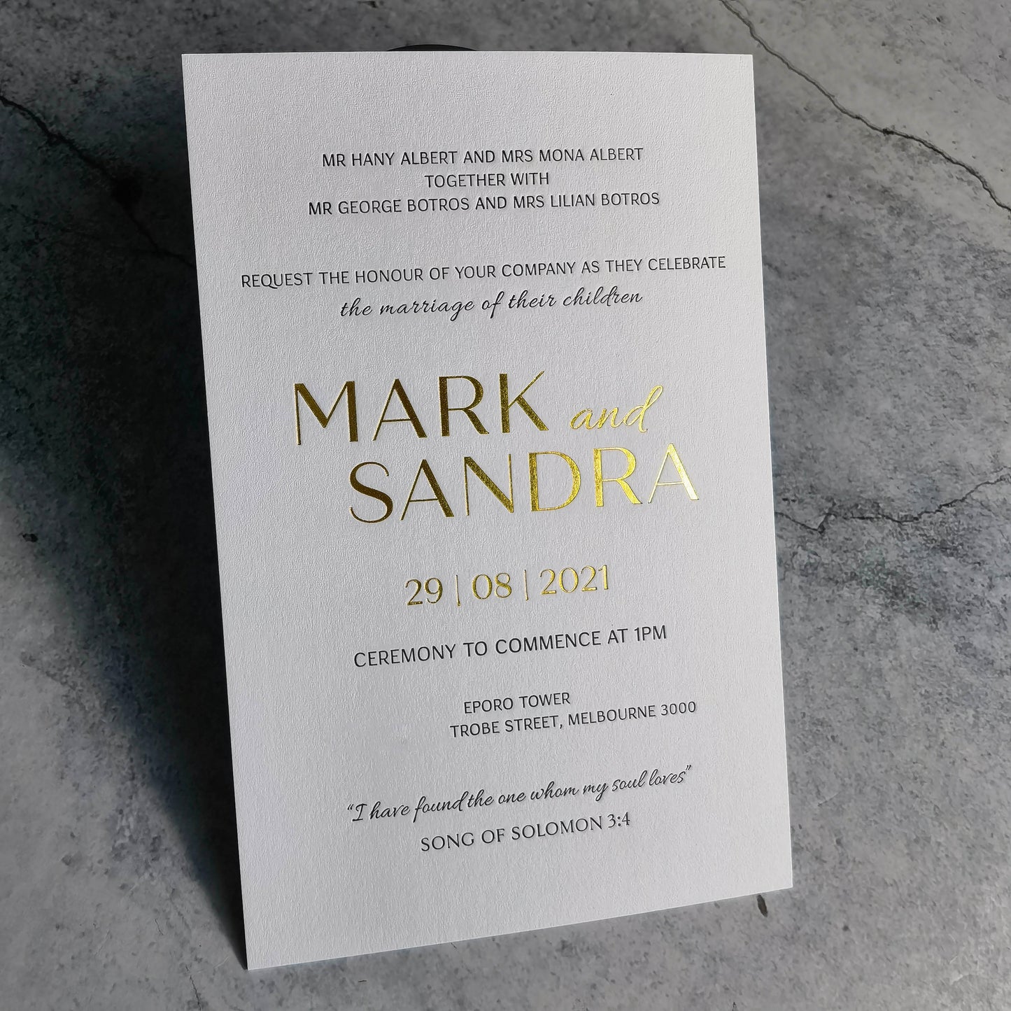 Custom Gold Foil Stamping Letterpress Wedding invitations