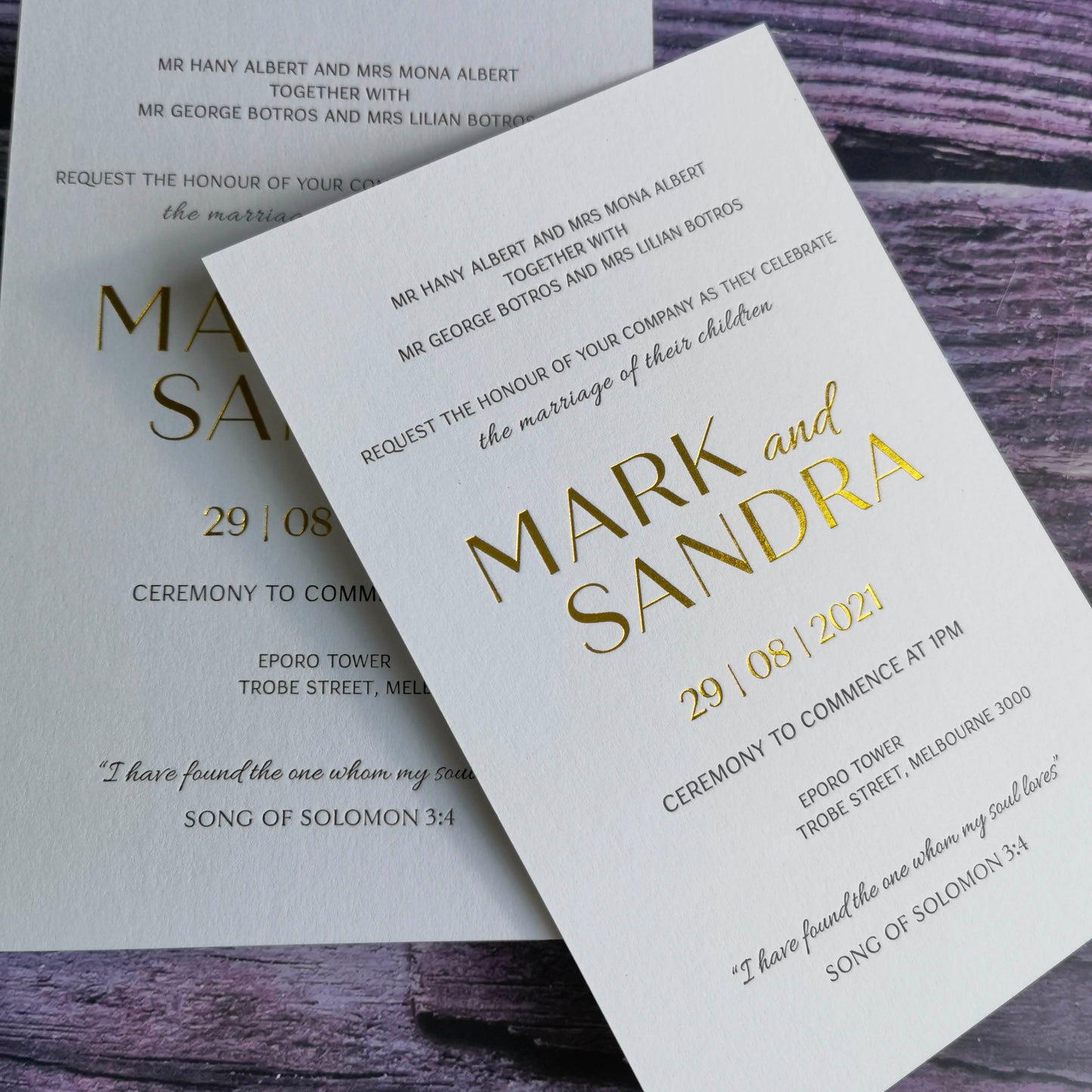 Custom Gold Foil Stamping Letterpress Wedding invitations